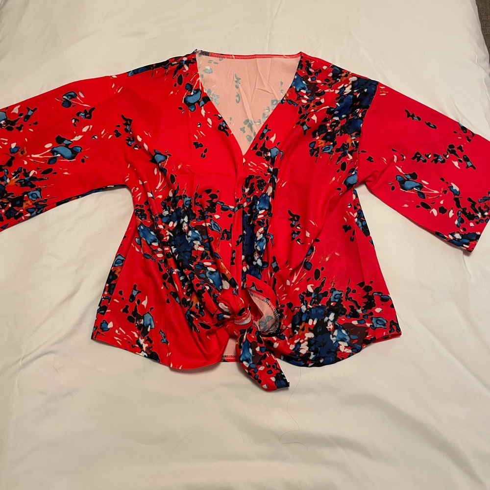Floral Red Flowy Blouse, can fit as M, L depending on desired fit